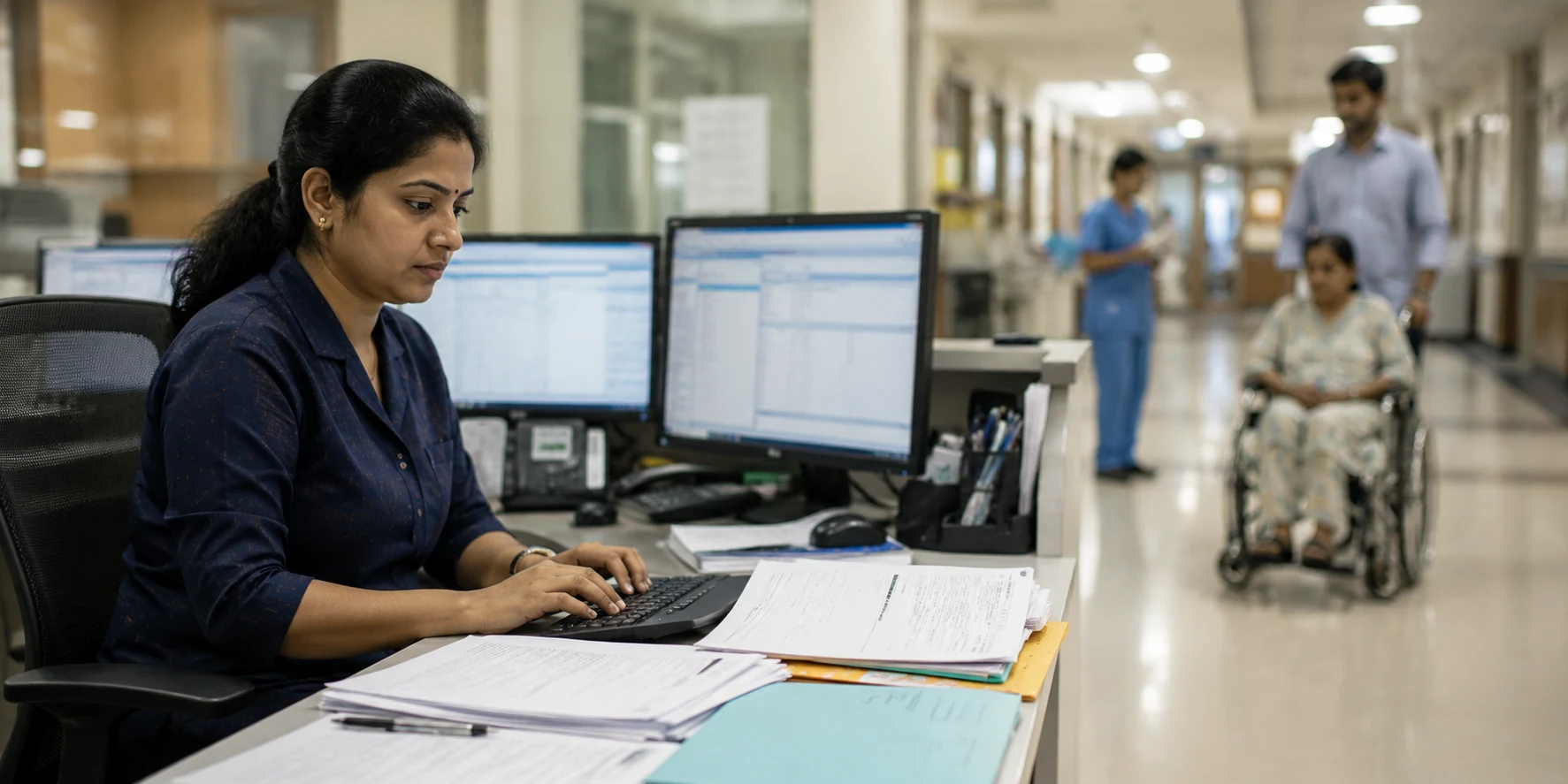 Medical documentation specialist working at dual-monitor workstation in a hospital, with patient in wheelchair visible in the corridor behind