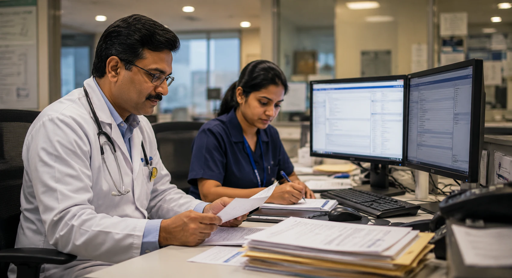 Doctor reviewing discharge paperwork at a workstation with a medical transcriptionist, dual monitors showing clinical data