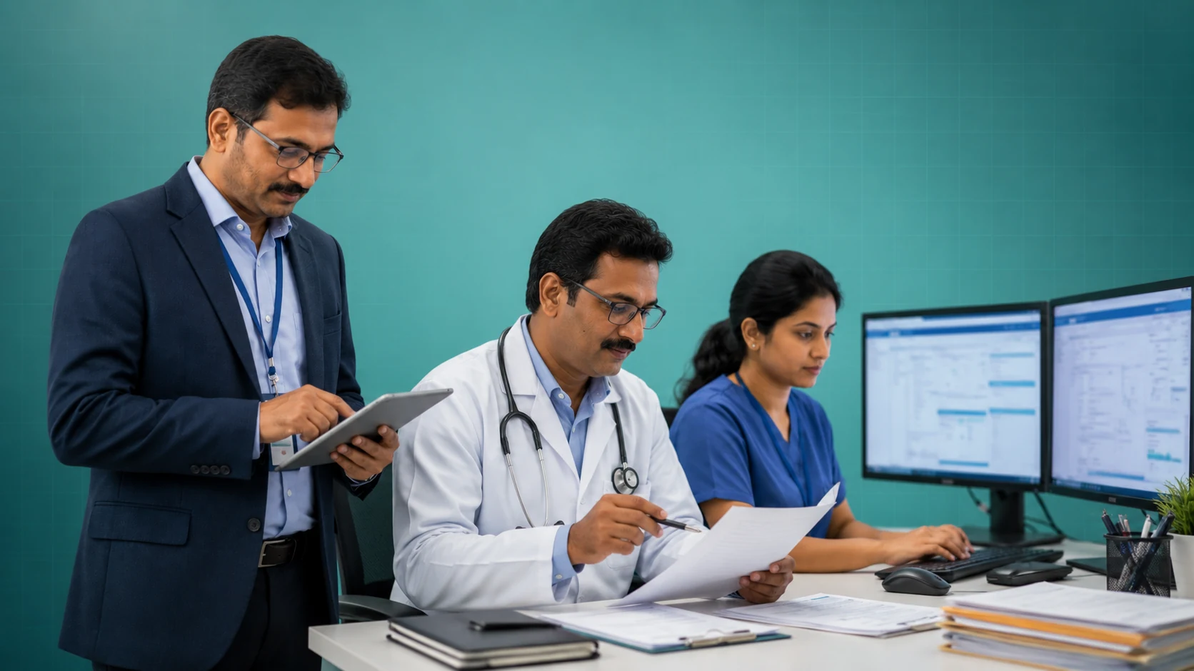 Doctor and medical transcriptionist reviewing discharge documentation at a workstation with dual monitors