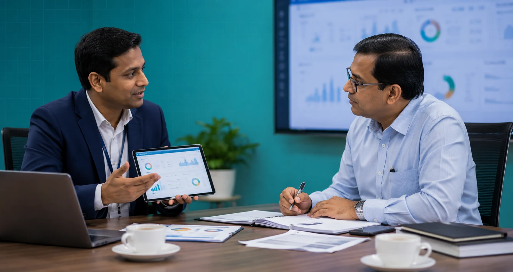 Hospital administrator and IT lead reviewing discharge workflow analytics on tablet with dashboard in background