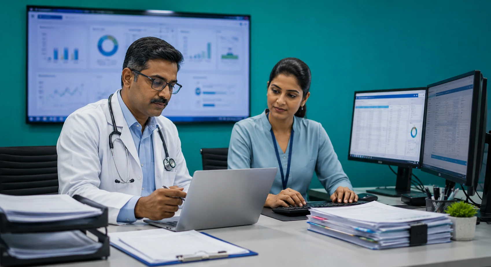 Doctor and clinical staff reviewing discharge documentation on laptop with analytics dashboard displayed on monitors