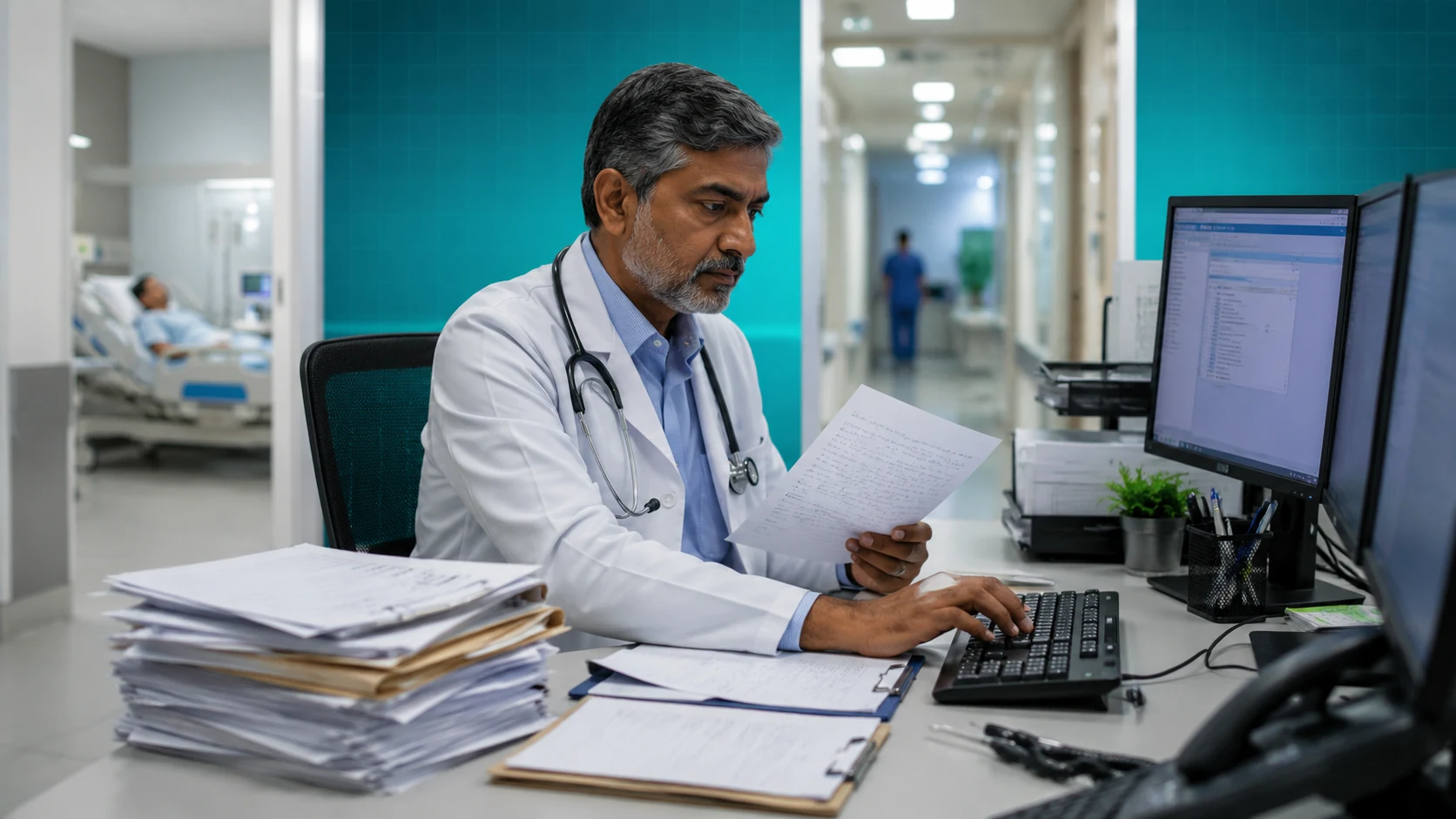 Doctor reviewing discharge paperwork at a workstation with stacks of medical documents, hospital ward visible in background